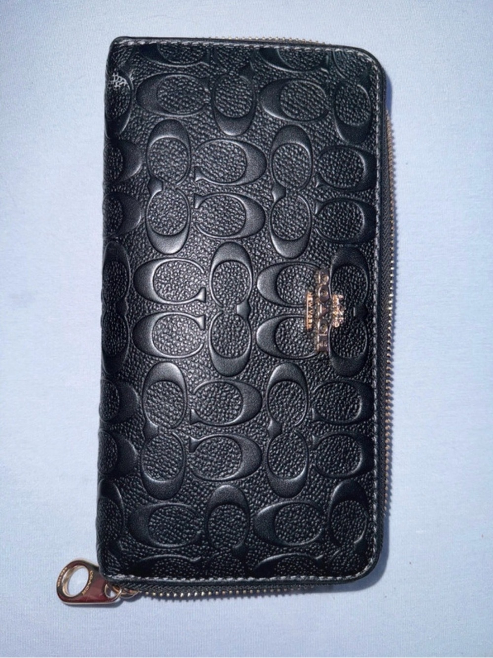 Coach Black Signature Embossed Zip Wallet with Gold Accent